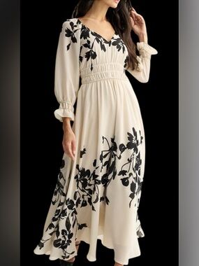 Taylor Cream with Black Floral Motif Chiffon Maxi Dress Sz 6